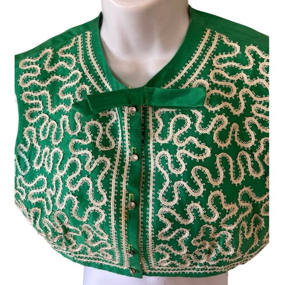 Vtg Green Crop Blouse Sleeveless Cream Embroidered Trim Homemade Sz Sm - Picture 4 of 9